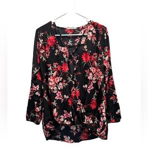 Peach Love California Black Top with Red and Cream Florals